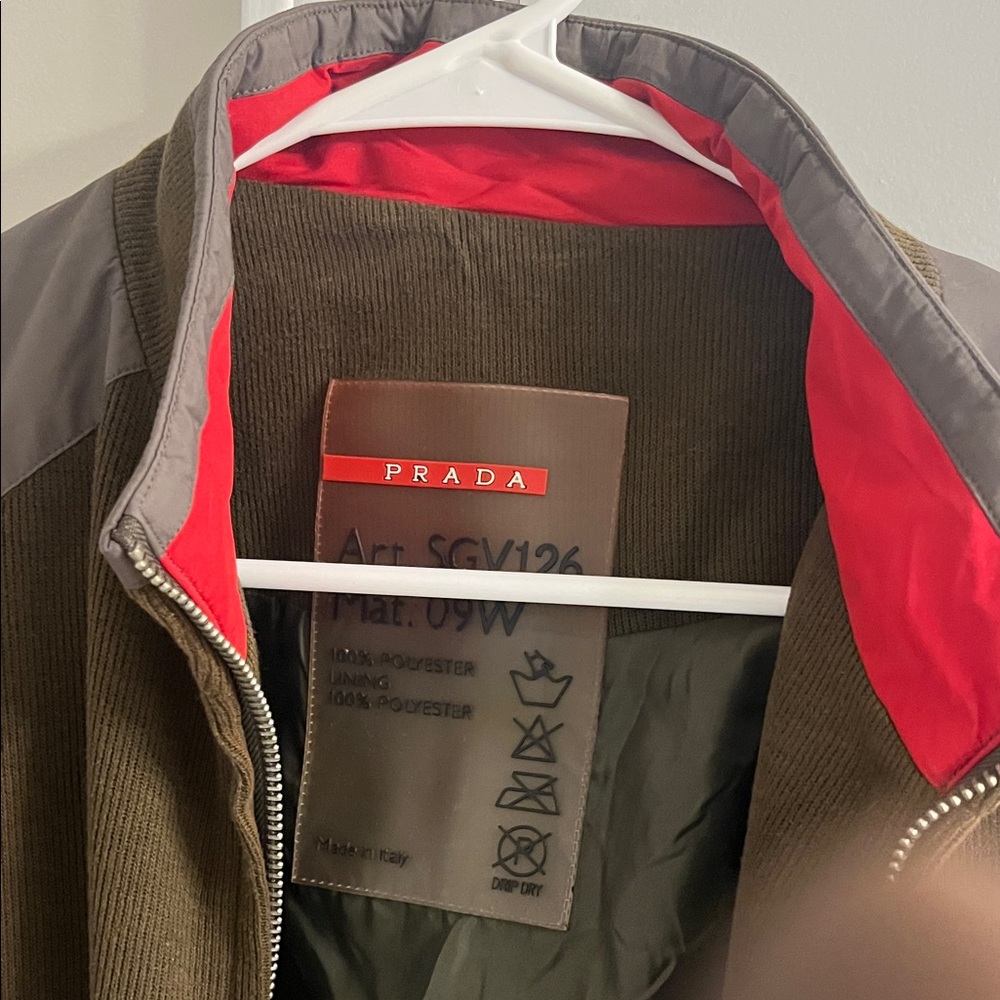 Prada Men's Olive and Gray Windbreaker with Red Accents